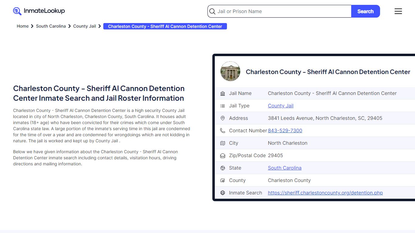 Charleston County - Sheriff Al Cannon Detention Center Inmate Search ...